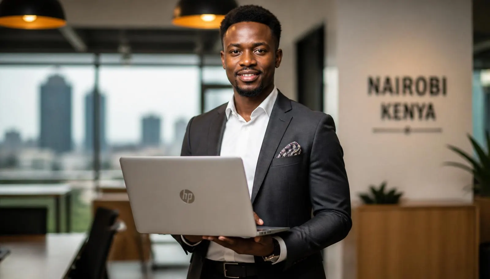 Kenyan professional in a Nairobi office holding an HP laptop, representing WATL's showroom customers